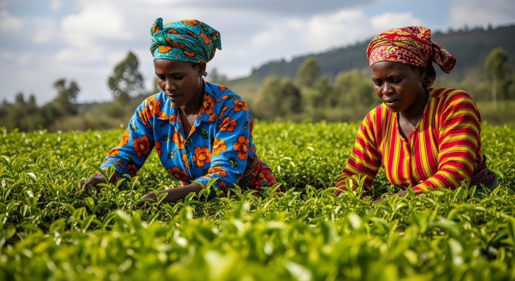Women farmers working in a green field